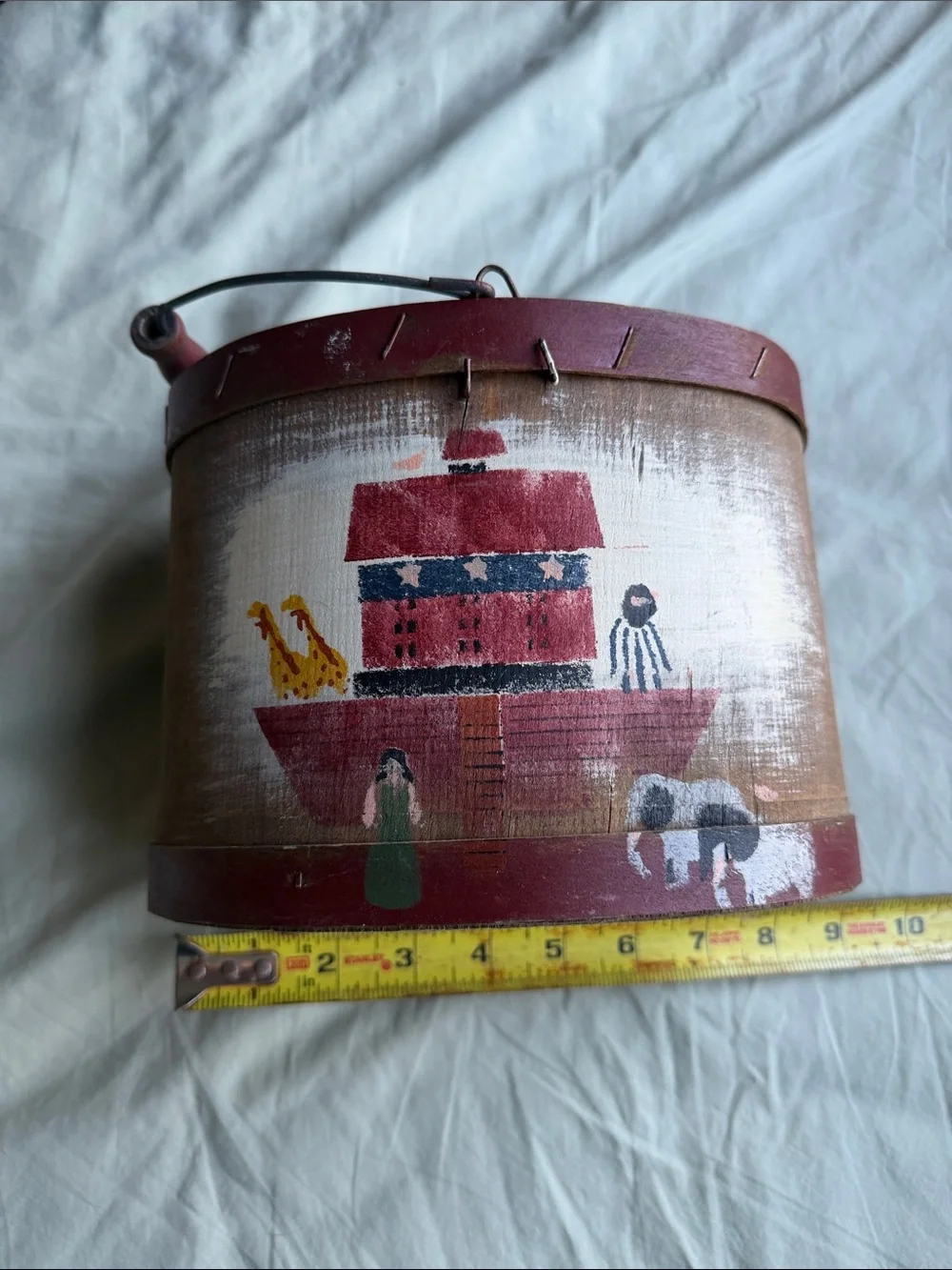 Noah's Ark Painted bent wood bucket in Red and Brown